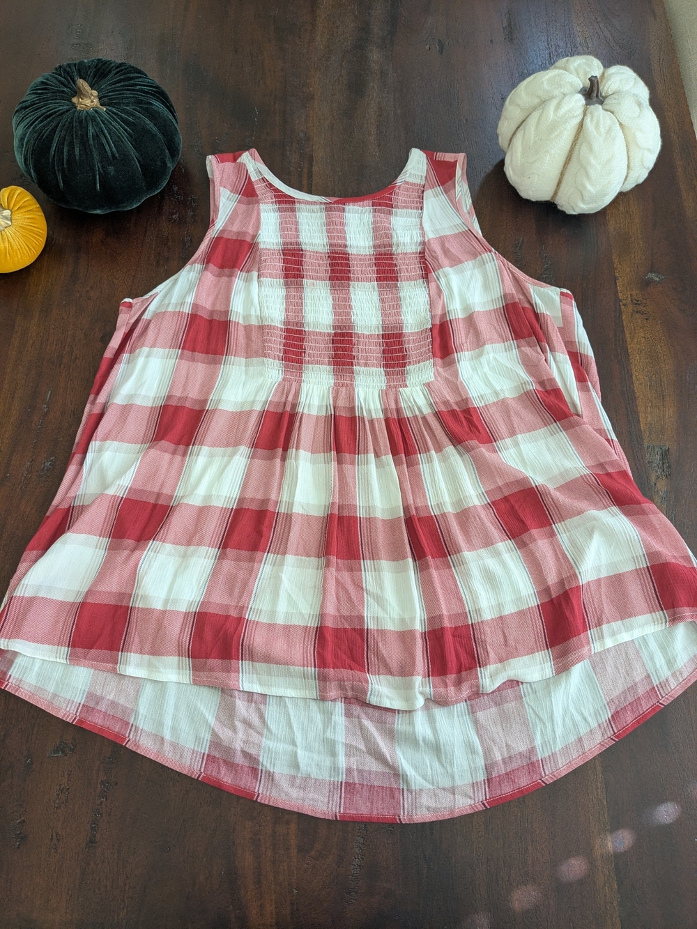 Torrid Red & White Plaid Smocked Yoke Hi-Low Sleeveless Tank Top 1X